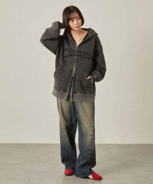 Snap club】ヴィンテージ加工 ダメージパッチロゴ ダブルジップ