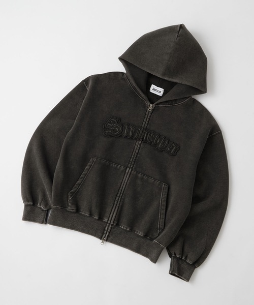 TSLF ロゴ入り ブラウン ジップアップパーカー Snap club】ヴィンテージ加工 ダメージパッチロゴ ダブルジップ
