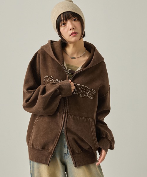 韓国 ユニセックス ダメージ加工 ウォッシュ パーカー n2777 Snap club】ヴィンテージ加工 ダメージパッチロゴ ダブルジップ