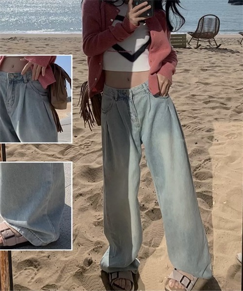 FREE STYLISTS(フリー スタイリスト)の「上品なデザイン タック使いワイドシルエットデニムパンツ(デニムパンツ・レディース・ライトブルー・M/XL/S)」の10枚目の写真
