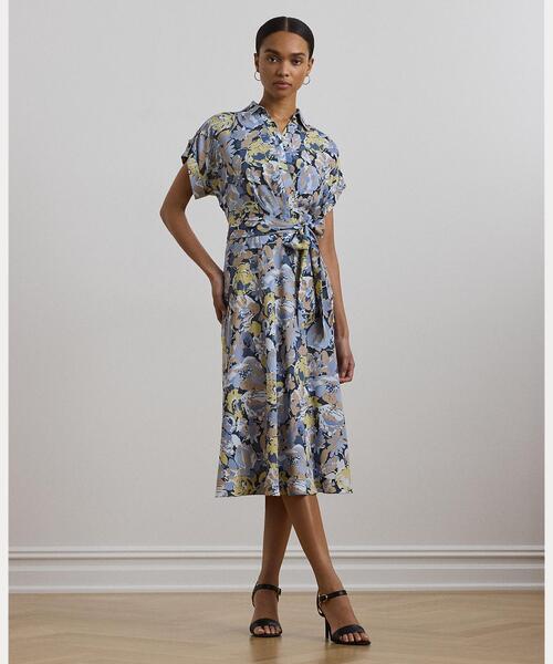 LAUREN RALPH LAUREN(ローレン ラルフ ローレン)の「フローラル ベルテッド クレープ ドレス(ワンピース・レディース・ブルー・2/0/00/8/6/4)」の1枚目の写真