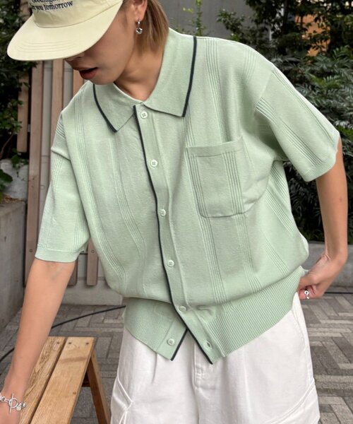 CIAOPANIC TYPY（チャオパニックティピー）の「【UNISEX】ストライプサマーニットカーディガン（カーディガン/ボレロ・レディース・グレー/グリーン/ブラウン・MEDIUM/LARGE）」の3枚目の写真