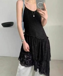 小花柄レーアシンメトリース レイヤードキャミワンピース