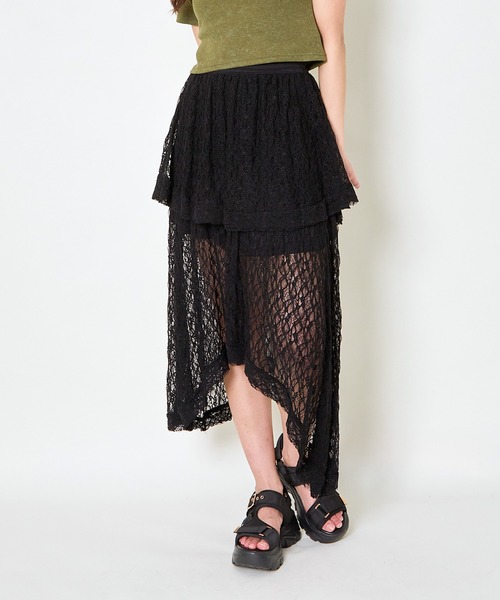 GORGE(ゴージ)の「《透け感レース×アシメヘム》レディース ロング スカート 体型カバー 春夏秋(スカート・レディース・オフホワイト/ブラック・F)」の2枚目の写真