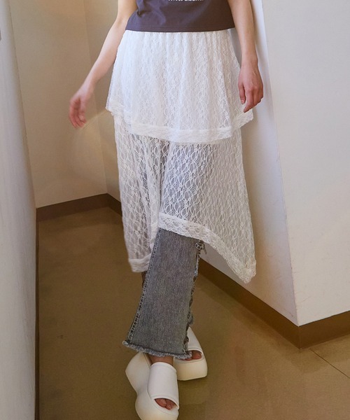 GORGE(ゴージ)の「《透け感レース×アシメヘム》レディース ロング スカート 体型カバー 春夏秋(スカート・レディース・オフホワイト/ブラック・F)」の3枚目の写真