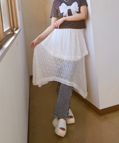 GORGE(ゴージ)の「《透け感レース×アシメヘム》レディース ロング スカート 体型カバー 春夏秋(スカート・レディース・オフホワイト/ブラック・F)」の4枚目の写真