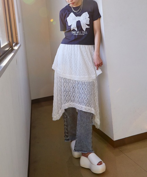 GORGE(ゴージ)の「《透け感レース×アシメヘム》レディース ロング スカート 体型カバー 春夏秋(スカート・レディース・オフホワイト/ブラック・F)」の5枚目の写真