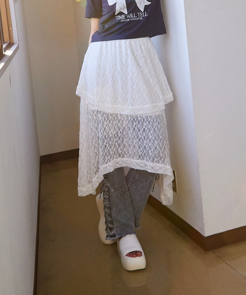 GORGE(ゴージ)の「《透け感レース×アシメヘム》レディース ロング スカート 体型カバー 春夏秋(スカート・レディース・オフホワイト/ブラック・F)」の6枚目の写真