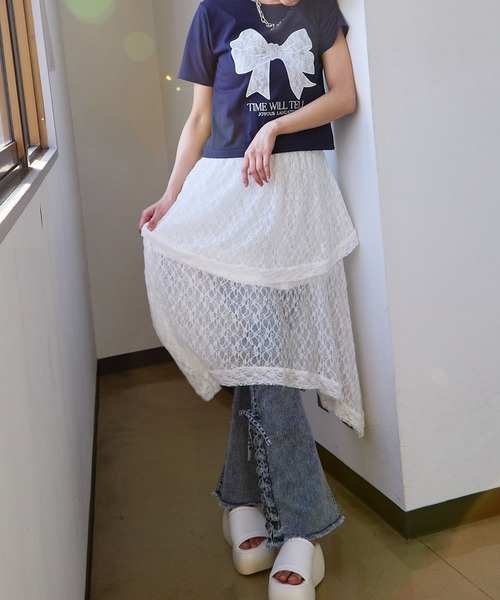 GORGE(ゴージ)の「《透け感レース×アシメヘム》レディース ロング スカート 体型カバー 春夏秋(スカート・レディース・オフホワイト/ブラック・F)」の7枚目の写真