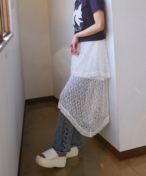 GORGE(ゴージ)の「《透け感レース×アシメヘム》レディース ロング スカート 体型カバー 春夏秋(スカート・レディース・オフホワイト/ブラック・F)」の8枚目の写真