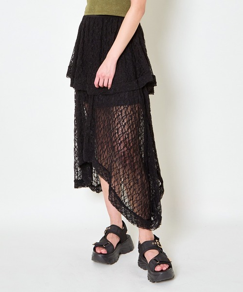 GORGE(ゴージ)の「《透け感レース×アシメヘム》レディース ロング スカート 体型カバー 春夏秋(スカート・レディース・オフホワイト/ブラック・F)」の9枚目の写真
