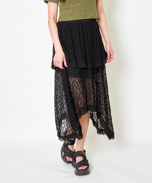 GORGE(ゴージ)の「《透け感レース×アシメヘム》レディース ロング スカート 体型カバー 春夏秋(スカート・レディース・オフホワイト/ブラック・F)」の13枚目の写真