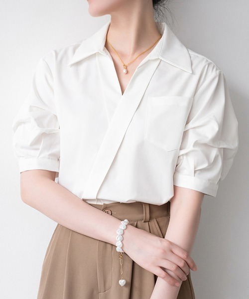 shoppinggo(ショッピングゴー)の「Vネック シャツ ブラウス(シャツ/ブラウス・レディース・ブルー/ホワイト/ホワイト系その他/ブルー系その他・M/L)」の1枚目の写真