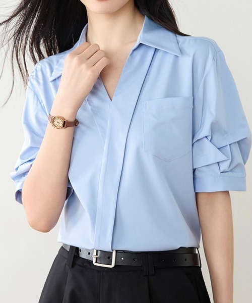 shoppinggo(ショッピングゴー)の「Vネック シャツ ブラウス(シャツ/ブラウス・レディース・ブルー/ホワイト/ホワイト系その他/ブルー系その他・M/L)」の3枚目の写真