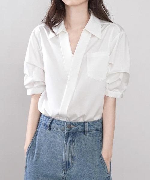 shoppinggo(ショッピングゴー)の「Vネック シャツ ブラウス(シャツ/ブラウス・レディース・ブルー/ホワイト/ホワイト系その他/ブルー系その他・M/L)」の6枚目の写真