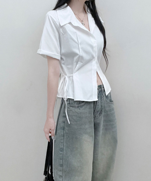 VIVID LADY（ビビッドレディー）の「サイドリボン シャツブラウス 半袖（シャツ/ブラウス・レディース・アイボリー/ブラック/スカイブルー・FREE）」の7枚目の写真