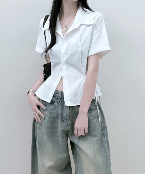 VIVID LADY（ビビッドレディー）の「サイドリボン シャツブラウス 半袖（シャツ/ブラウス・レディース・アイボリー/ブラック/スカイブルー・FREE）」の8枚目の写真