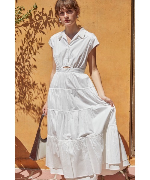 Estella.K(エステラケー)の「Oskar Tiered Shirt Dress フレンチスリーブティアードドレス(ワンピース・レディース・ホワイト/ブラック・FREE)」の2枚目の写真