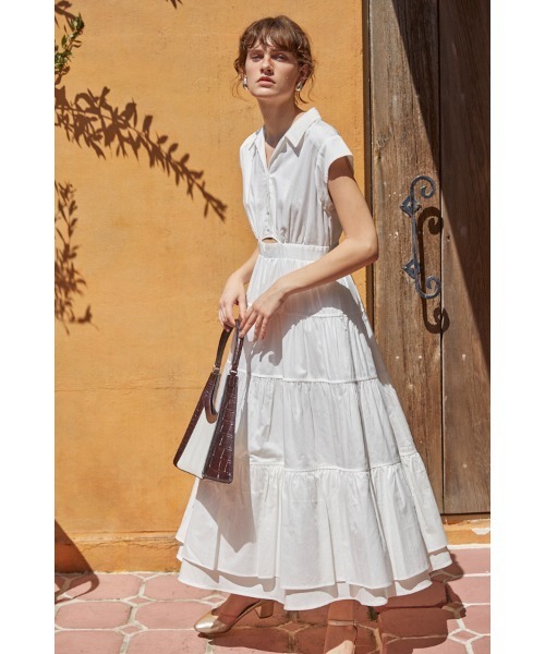 Estella.K(エステラケー)の「Oskar Tiered Shirt Dress フレンチスリーブティアードドレス(ワンピース・レディース・ホワイト/ブラック・FREE)」の11枚目の写真