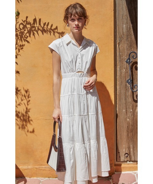 Estella.K(エステラケー)の「Oskar Tiered Shirt Dress フレンチスリーブティアードドレス(ワンピース・レディース・ホワイト/ブラック・FREE)」の6枚目の写真