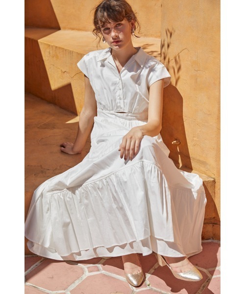 Estella.K(エステラケー)の「Oskar Tiered Shirt Dress フレンチスリーブティアードドレス(ワンピース・レディース・ホワイト/ブラック・FREE)」の5枚目の写真