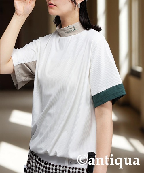antiqua(アンティカ)の「モックネック配色トップス(Tシャツ/カットソー・レディース・グリーン/ホワイト・ML/LXL)」の1枚目の写真