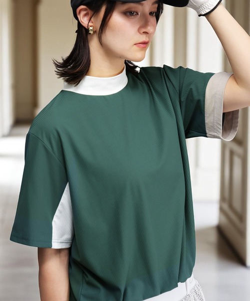 antiqua(アンティカ)の「モックネック配色トップス(Tシャツ/カットソー・レディース・グリーン/ホワイト・ML/LXL)」の2枚目の写真
