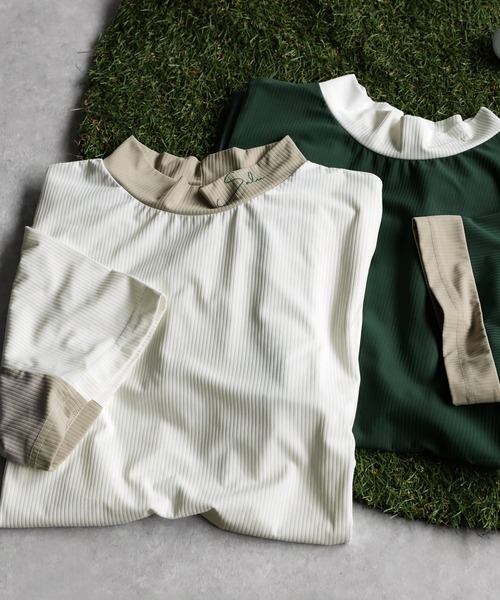 antiqua(アンティカ)の「モックネック配色トップス(Tシャツ/カットソー・レディース・グリーン/ホワイト・ML/LXL)」の8枚目の写真