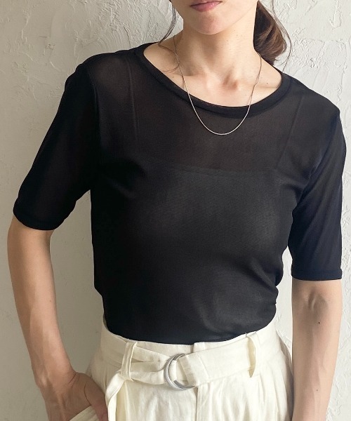 She's Closet(シーズクローゼット)の「クルーネックシースルー/半袖シアーTシャツカットソートップス(Tシャツ/カットソー・レディース・アイボリー/ボルドー/ネイビー/ブラック・FREE)」の1枚目の写真