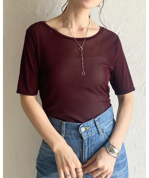 She's Closet(シーズクローゼット)の「クルーネックシースルー/半袖シアーTシャツカットソートップス(Tシャツ/カットソー・レディース・アイボリー/ボルドー/ネイビー/ブラック・FREE)」の5枚目の写真