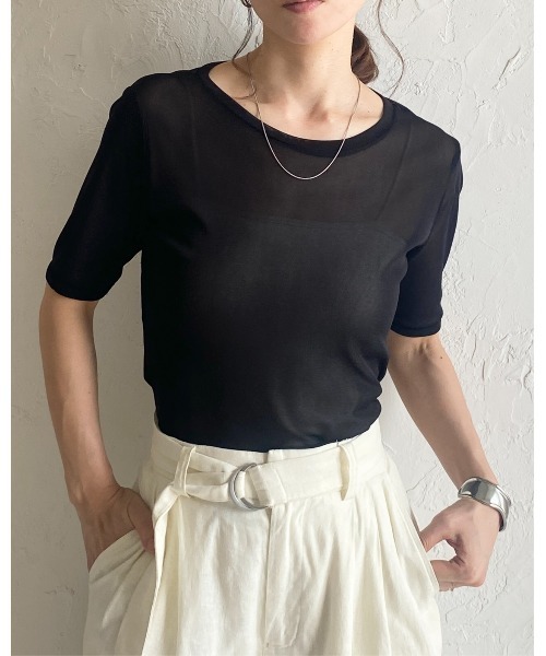 She's Closet(シーズクローゼット)の「クルーネックシースルー/半袖シアーTシャツカットソートップス(Tシャツ/カットソー・レディース・アイボリー/ボルドー/ネイビー/ブラック・FREE)」の6枚目の写真