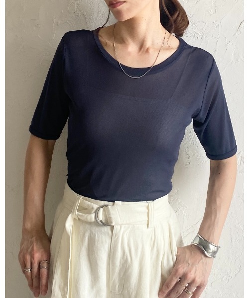 She's Closet(シーズクローゼット)の「クルーネックシースルー/半袖シアーTシャツカットソートップス(Tシャツ/カットソー・レディース・アイボリー/ボルドー/ネイビー/ブラック・FREE)」の7枚目の写真