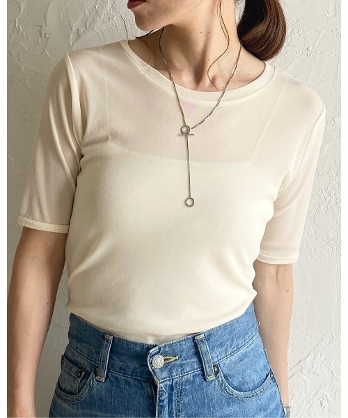セール】クルーネックシースルー/半袖シアーTシャツカットソー