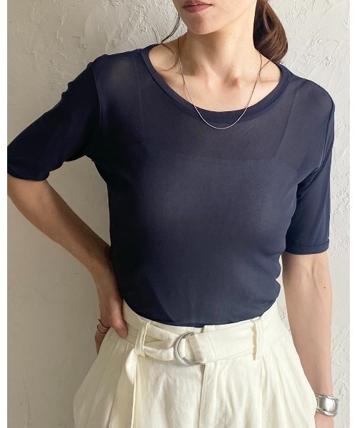 セール】クルーネックシースルー/半袖シアーTシャツカットソー