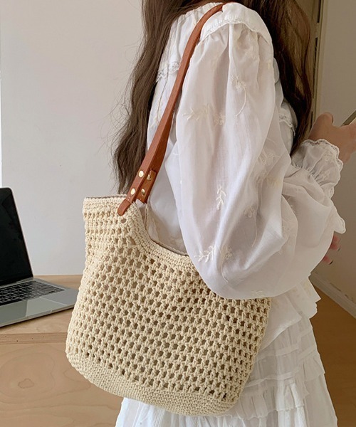 shoppinggo（ショッピングゴー）の「編みバッグ レディース バッグ トートバッグ エコバッグ（トートバッグ・レディース・キャメル/ベージュ・FREE）」の2枚目の写真