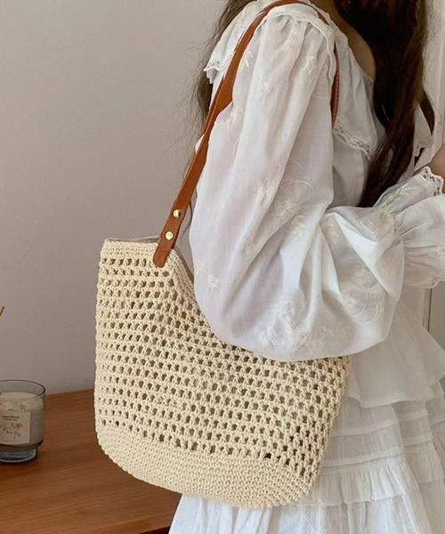 shoppinggo（ショッピングゴー）の「編みバッグ レディース バッグ トートバッグ エコバッグ（トートバッグ・レディース・キャメル/ベージュ・FREE）」の3枚目の写真