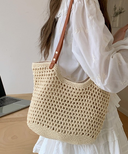 shoppinggo（ショッピングゴー）の「編みバッグ レディース バッグ トートバッグ エコバッグ（トートバッグ・レディース・キャメル/ベージュ・FREE）」の4枚目の写真