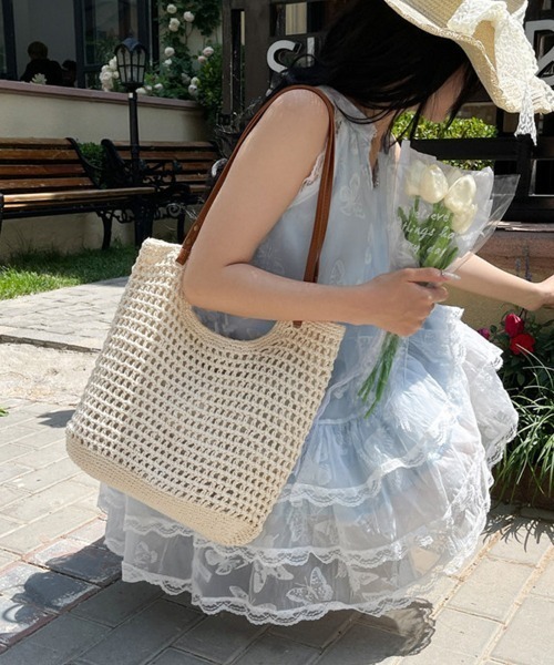 shoppinggo（ショッピングゴー）の「編みバッグ レディース バッグ トートバッグ エコバッグ（トートバッグ・レディース・キャメル/ベージュ・FREE）」の5枚目の写真