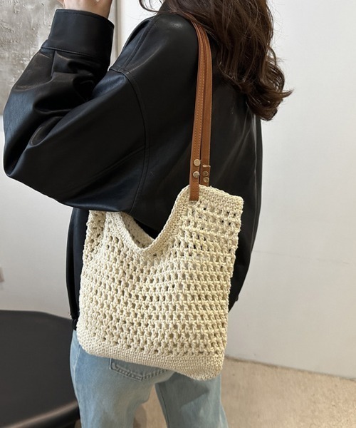shoppinggo（ショッピングゴー）の「編みバッグ レディース バッグ トートバッグ エコバッグ（トートバッグ・レディース・キャメル/ベージュ・FREE）」の6枚目の写真