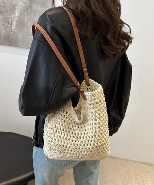shoppinggo（ショッピングゴー）の「編みバッグ レディース バッグ トートバッグ エコバッグ（トートバッグ・レディース・キャメル/ベージュ・FREE）」の7枚目の写真