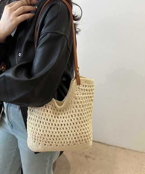 shoppinggo（ショッピングゴー）の「編みバッグ レディース バッグ トートバッグ エコバッグ（トートバッグ・レディース・キャメル/ベージュ・FREE）」の8枚目の写真