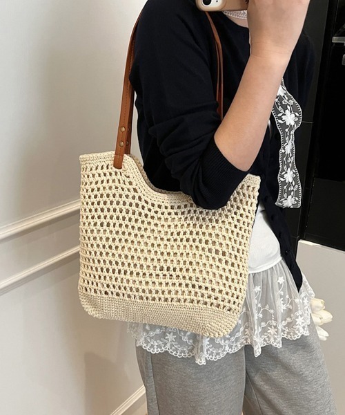 shoppinggo（ショッピングゴー）の「編みバッグ レディース バッグ トートバッグ エコバッグ（トートバッグ・レディース・キャメル/ベージュ・FREE）」の10枚目の写真