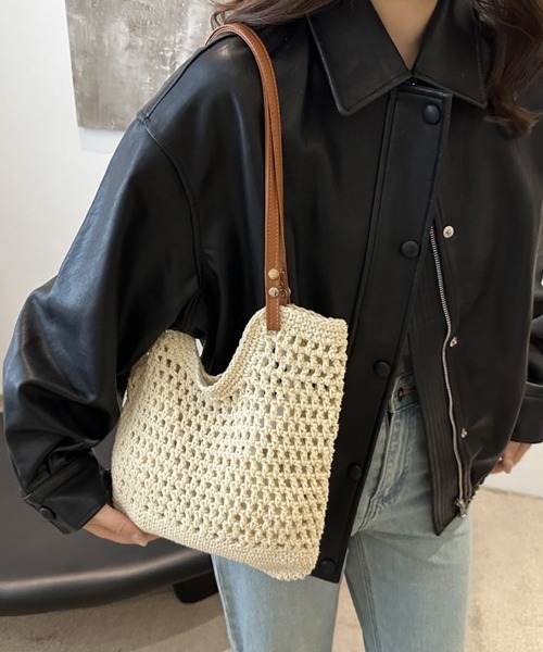 shoppinggo（ショッピングゴー）の「編みバッグ レディース バッグ トートバッグ エコバッグ（トートバッグ・レディース・キャメル/ベージュ・FREE）」の12枚目の写真