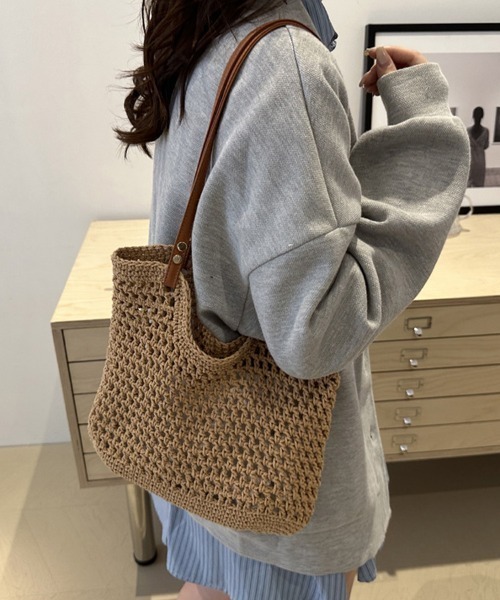 shoppinggo（ショッピングゴー）の「編みバッグ レディース バッグ トートバッグ エコバッグ（トートバッグ・レディース・キャメル/ベージュ・FREE）」の13枚目の写真