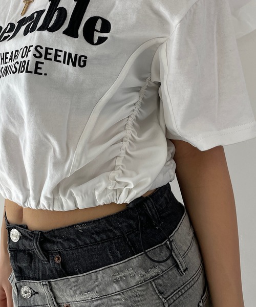 ROGER AND RAW(ロジャーアンドロウ)の「裾ドロスト刺繍ショートTシャツ(Tシャツ/カットソー・レディース・ホワイト/ブラック/グレー・FREE)」の4枚目の写真