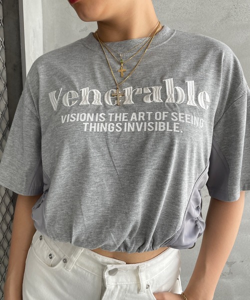 ROGER AND RAW(ロジャーアンドロウ)の「裾ドロスト刺繍ショートTシャツ(Tシャツ/カットソー・レディース・ホワイト/ブラック/グレー・FREE)」の6枚目の写真