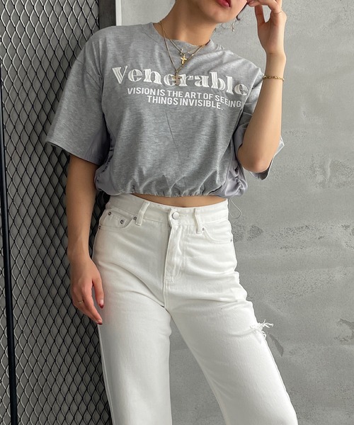 ROGER AND RAW(ロジャーアンドロウ)の「裾ドロスト刺繍ショートTシャツ(Tシャツ/カットソー・レディース・ホワイト/ブラック/グレー・FREE)」の7枚目の写真