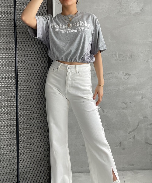 ROGER AND RAW(ロジャーアンドロウ)の「裾ドロスト刺繍ショートTシャツ(Tシャツ/カットソー・レディース・ホワイト/ブラック/グレー・FREE)」の8枚目の写真