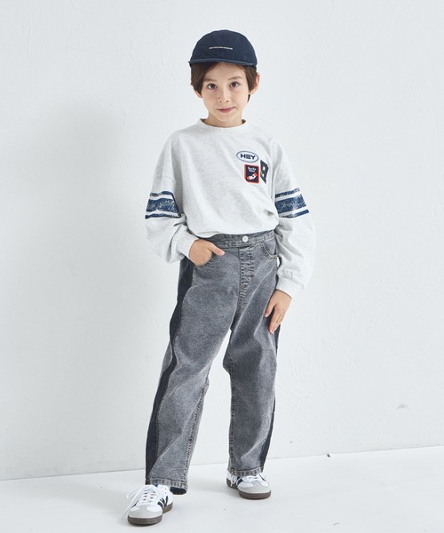 pairmanon（ペアマノン）の「【綿100%】ユニセックス ビッグシルエット 袖ライン ワッペンTシャツ（Tシャツ/カットソー・キッズ・グレー/ブラウン/ネイビー・120/130/140/150/90/100/110）」の7枚目の写真