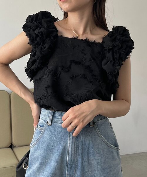 セール】ジャガードパフショルダートップス（シャツ/ブラウス